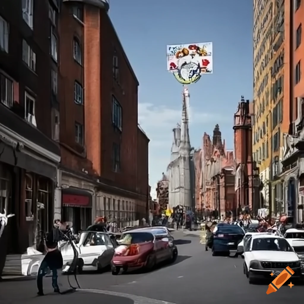 vibrant city scene with cars, bicycles, and people