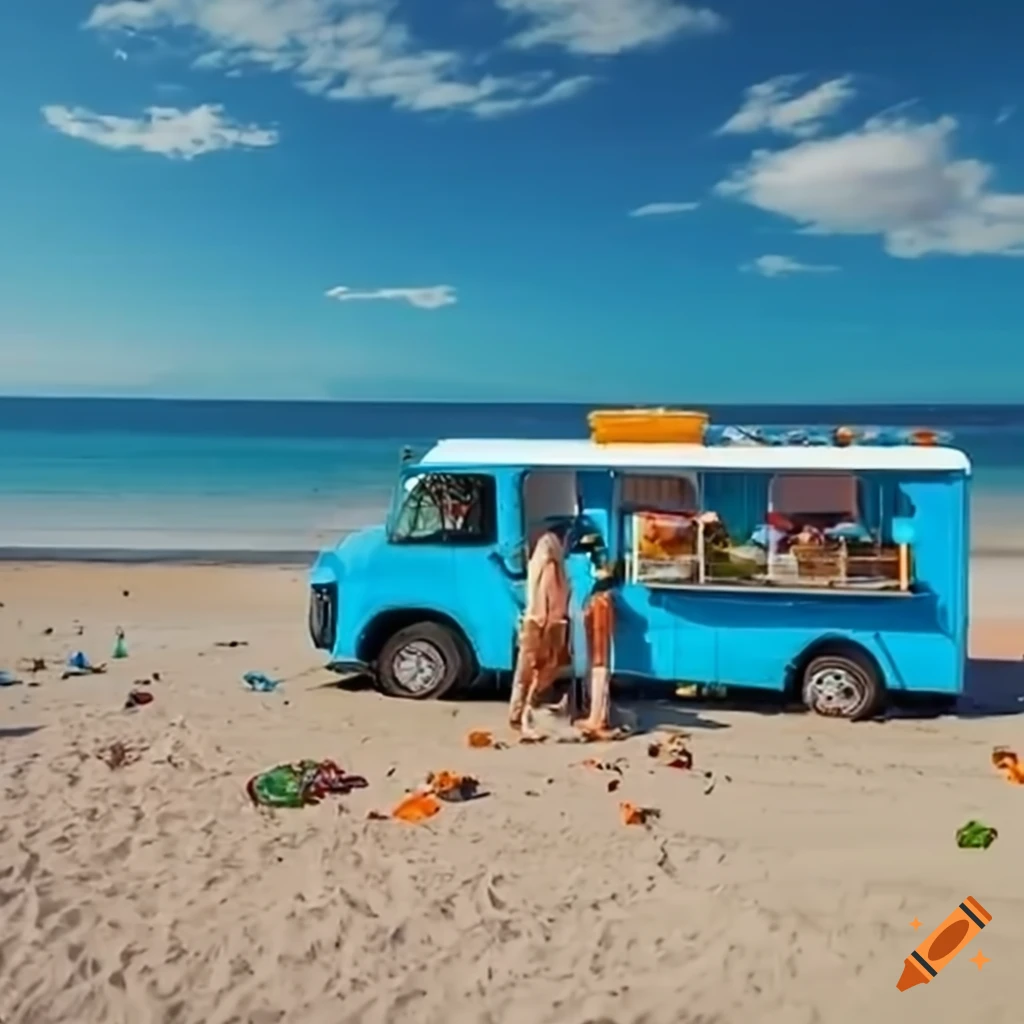 Blue food truck with beach backdrop on Craiyon