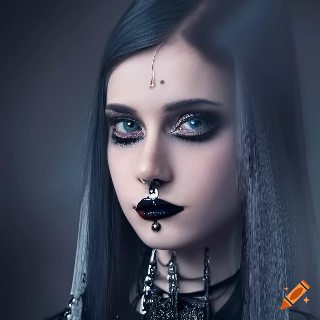 Close up portrait of a pretty, goth girl with dark hair posing in