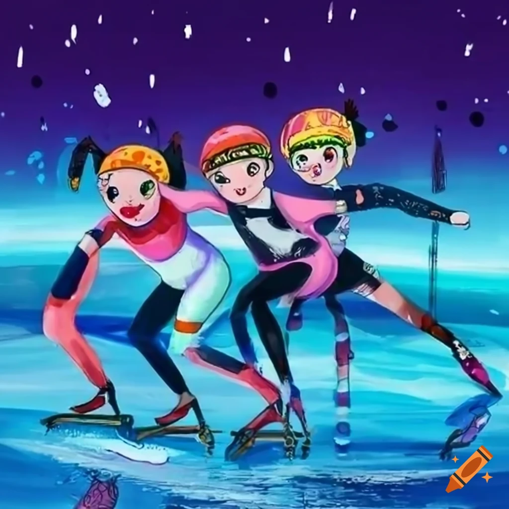 kawaii doodle art of speedskaters racing on ice