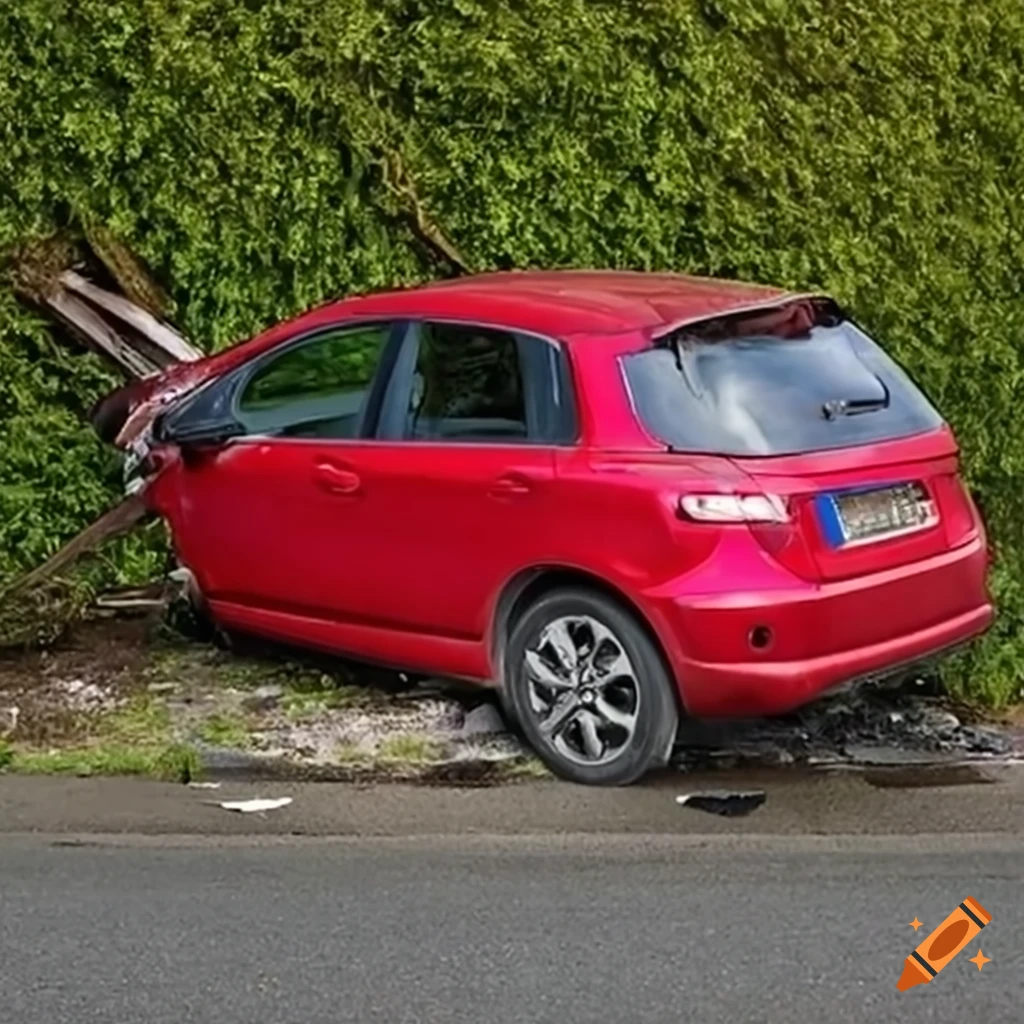 rear view of a crashed red car through a hedge fence