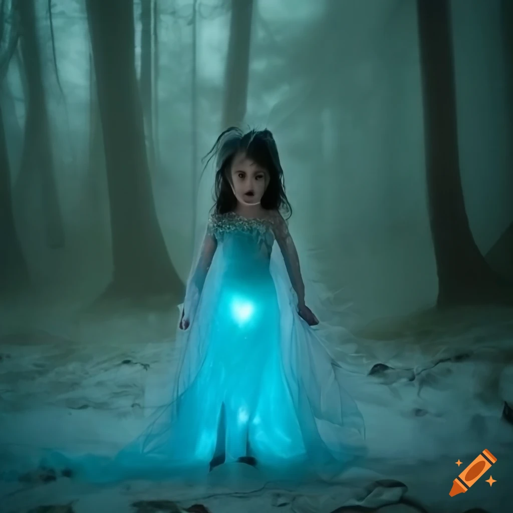 glowing blue ghost girl in a dark forest