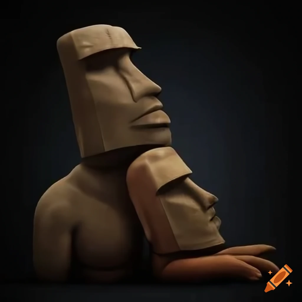 Humorous moai sculpture with pilot helmet