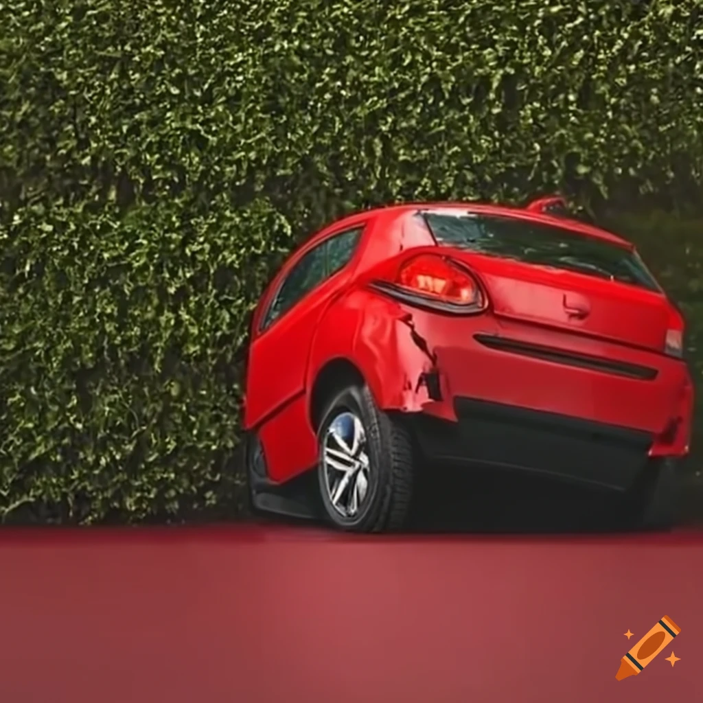red car crashed into a hedge fence