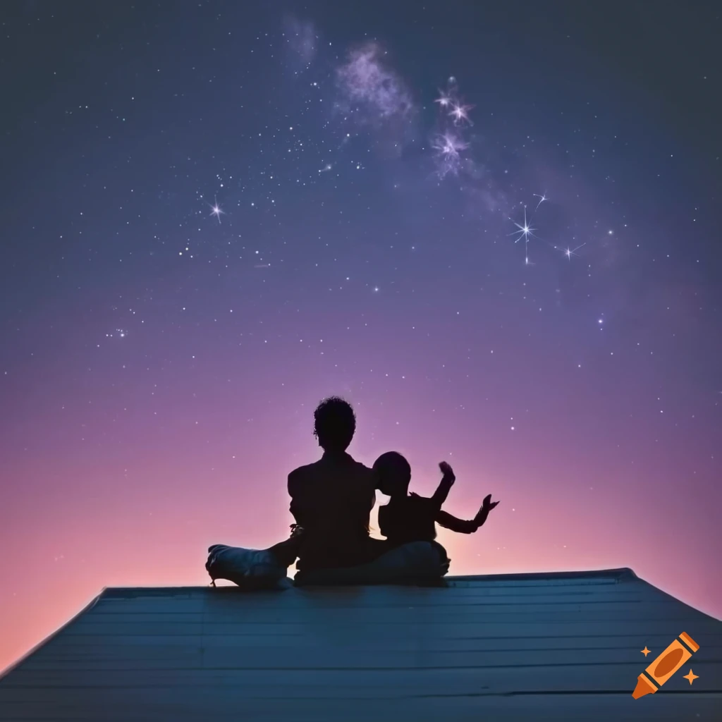 silhouette of father and son stargazing on rooftop