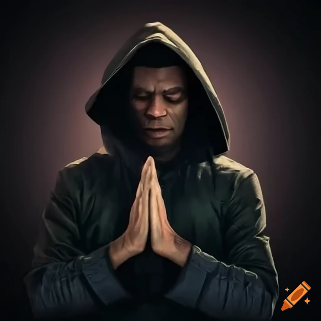 man in hood praying