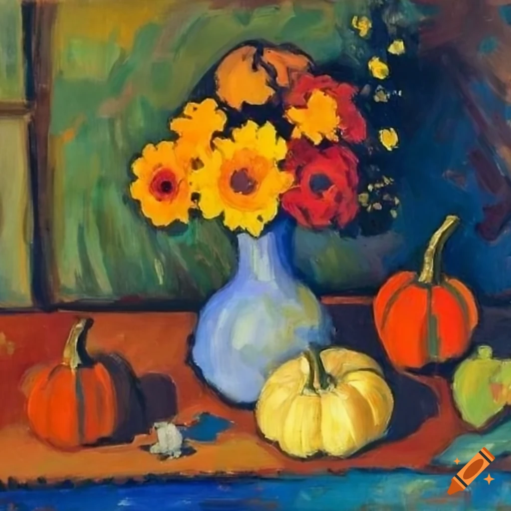 still life with pumpkins and flowers in Gabriele Münter style