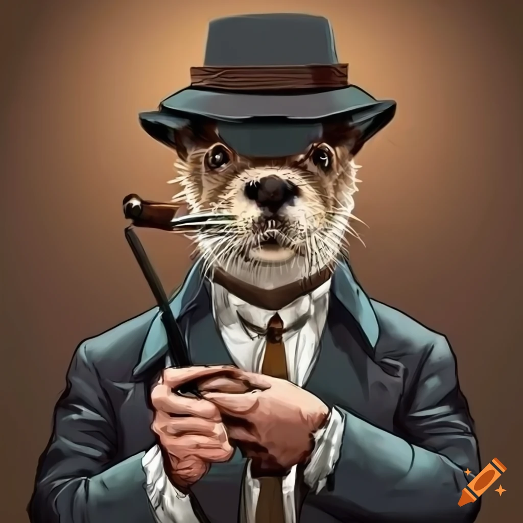 humorous otter portrait with cigar and revolver