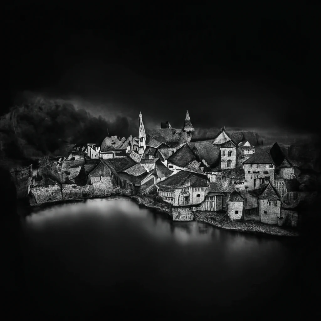 Charcoal pencil drawing of a medieval stone village on a lake on Craiyon