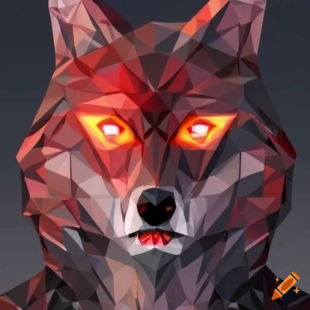 red and black polygonal wolf with golden eyes