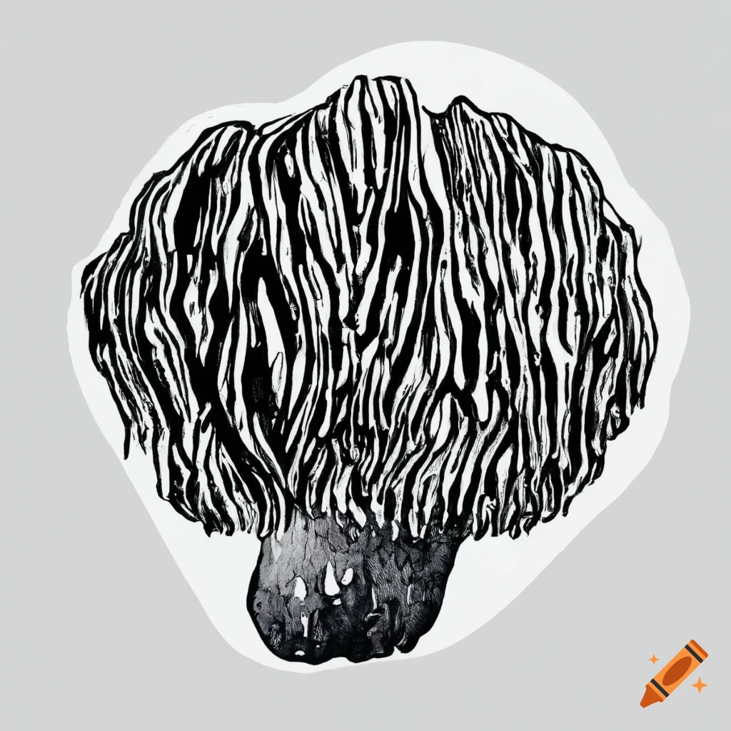black and white illustration of a lion's mane mushroom
