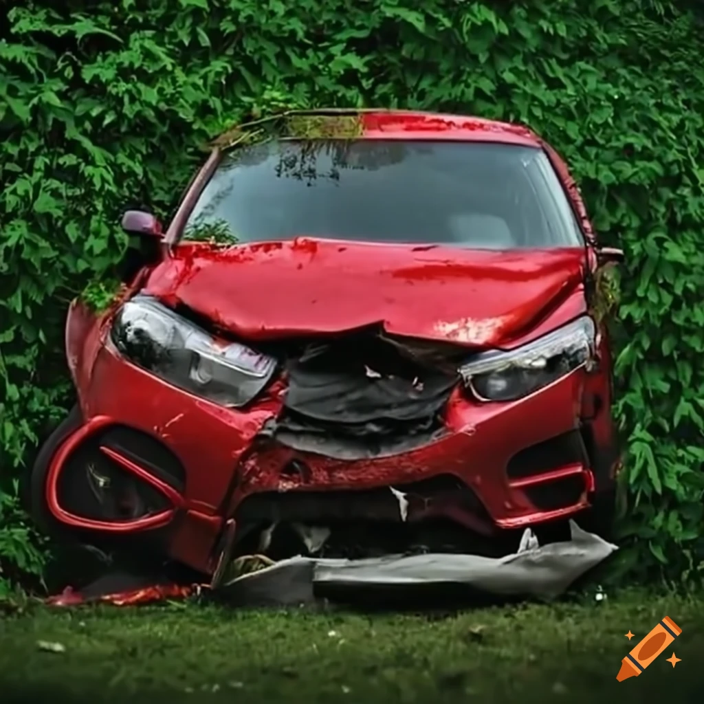 Red car crashing through hedge fence