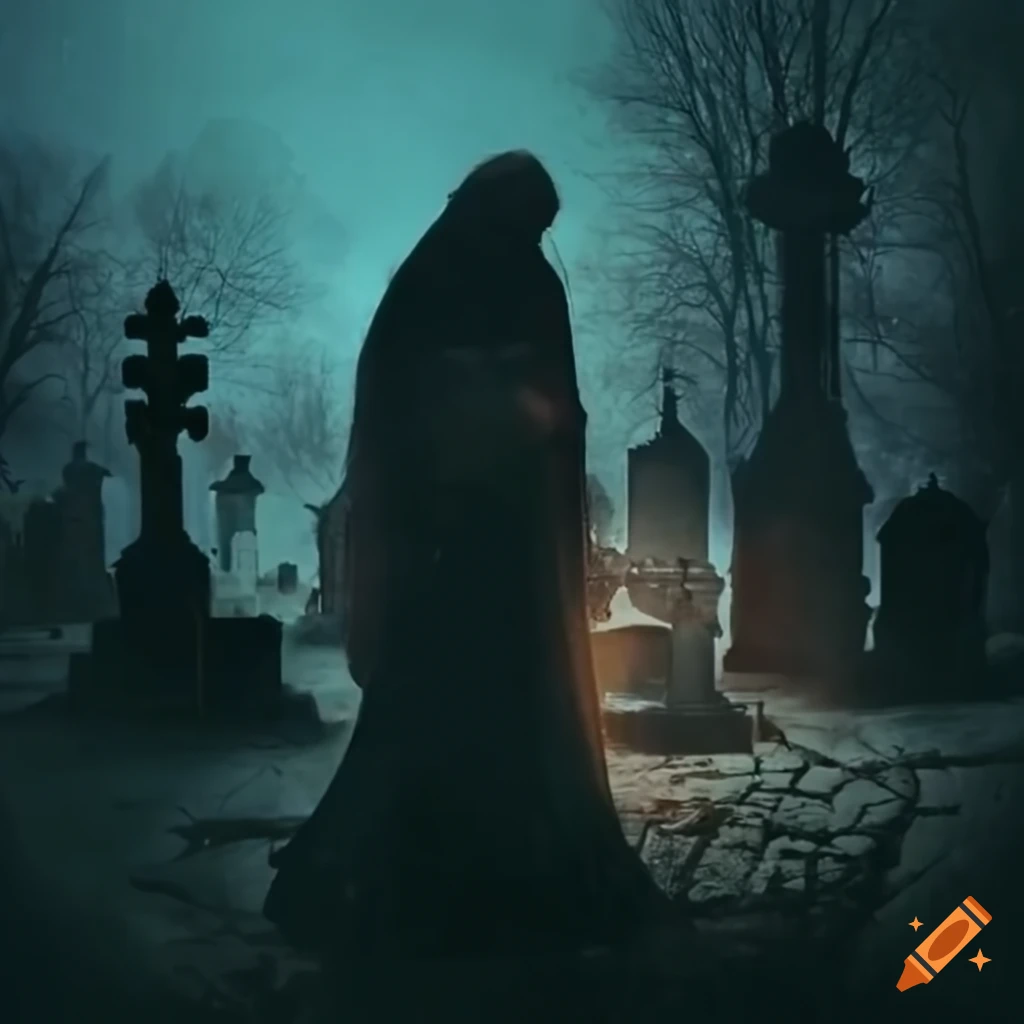 scene in a grand graveyard with one grieving person