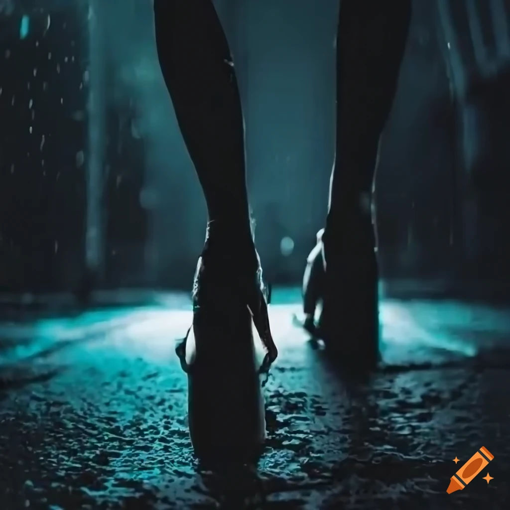 Close up of stiletto heels in heavy rain at night on Craiyon