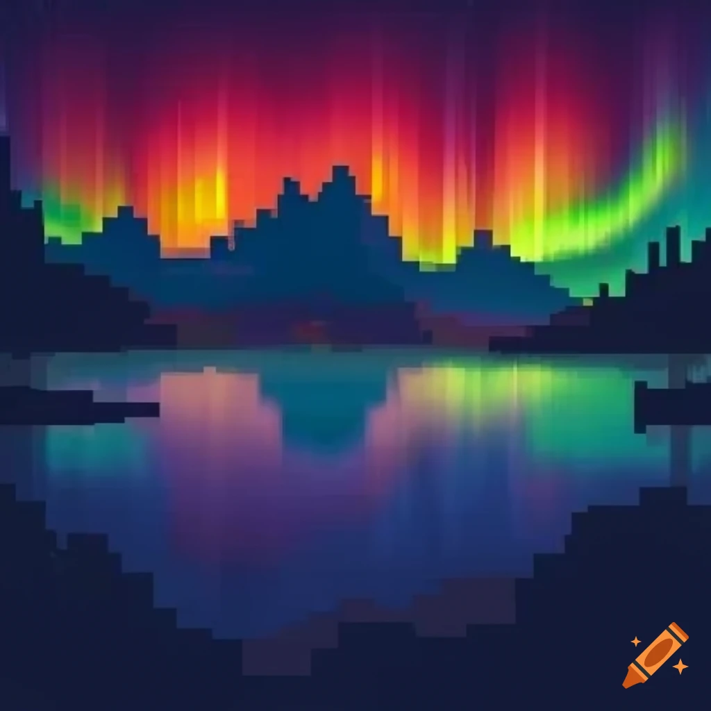 Pixel art of mountains with vibrant northern lights on Craiyon