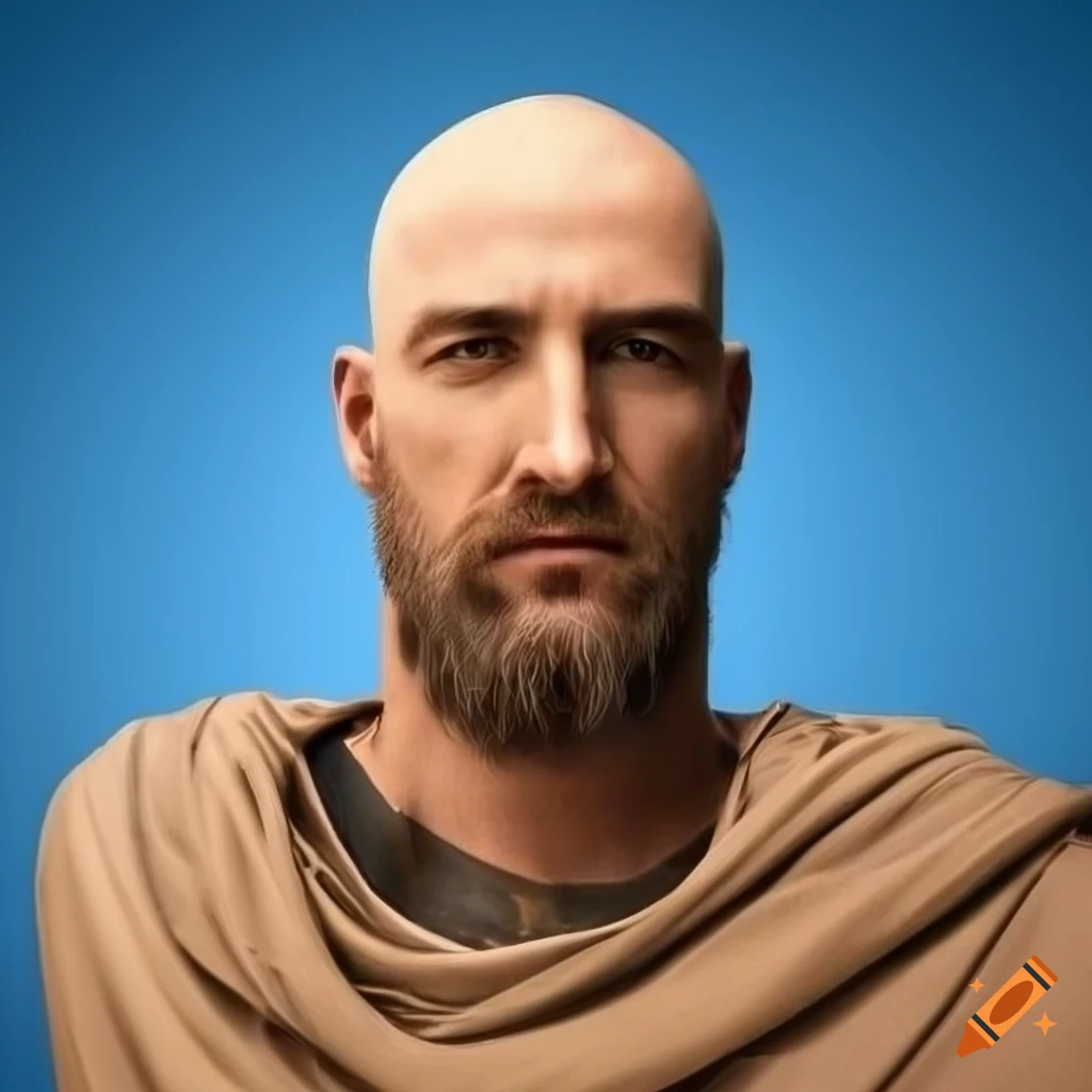 Portrait Of A Male Mage With A Shaved Head And Ancient Greek Attire On portrait-of-a-male-mage-with-a-shaved-head-and-ancient-greek-attire-on