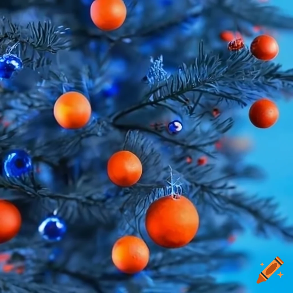 Blue christmas tree with orange ornaments