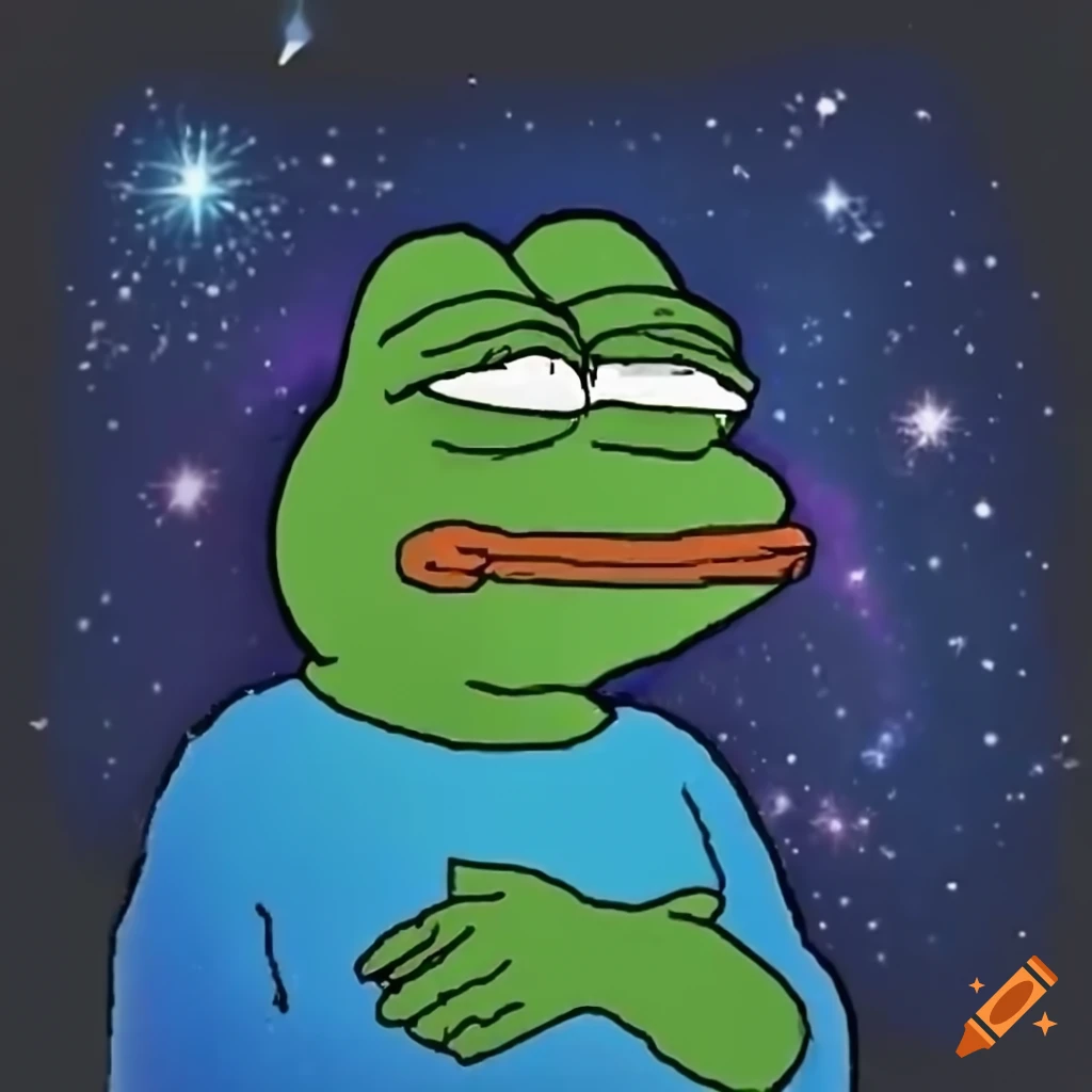 Detailed pepe meme under a starry sky