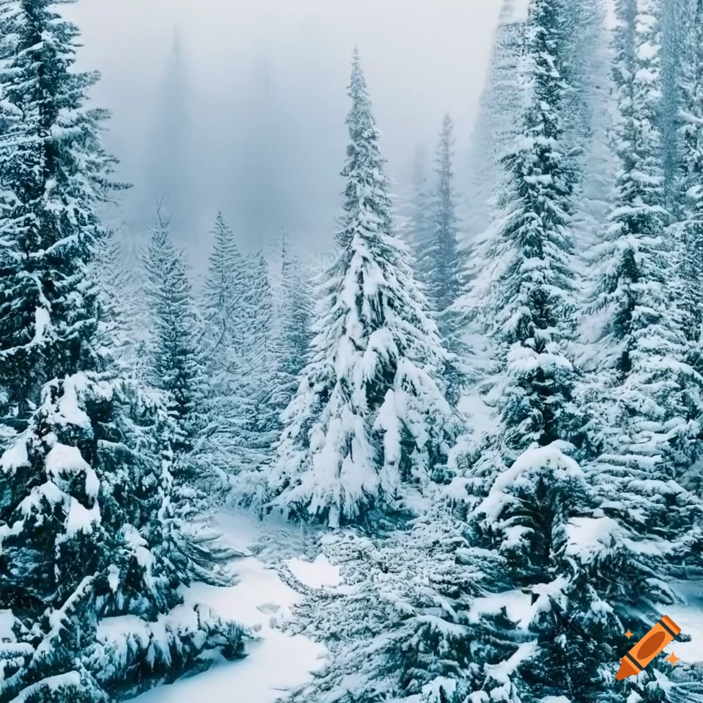 aerial view of a snow-covered evergreen forest