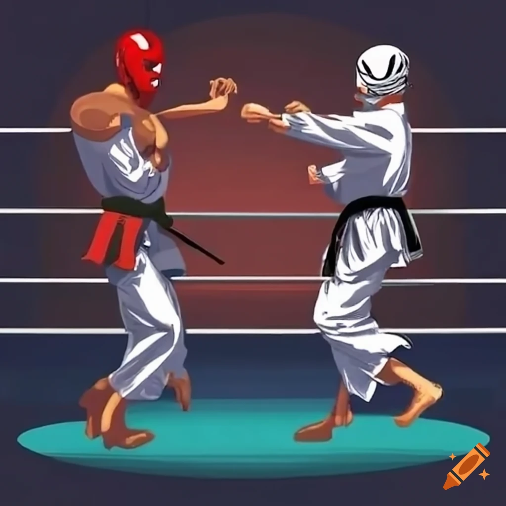 Karate vs luchadores wrestling match in a ring on Craiyon