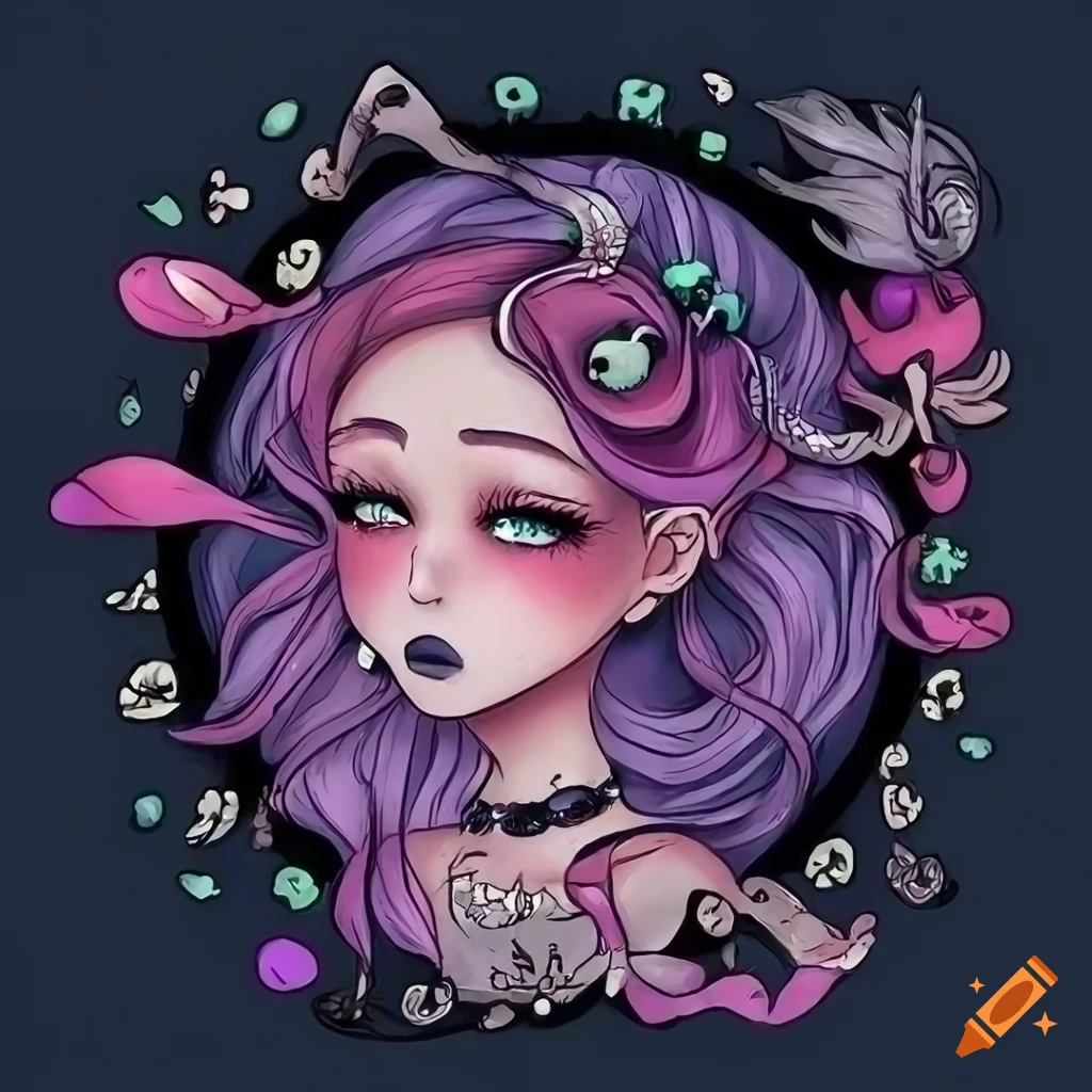 whimsical cartoon artwork with gothic and fantasy elements