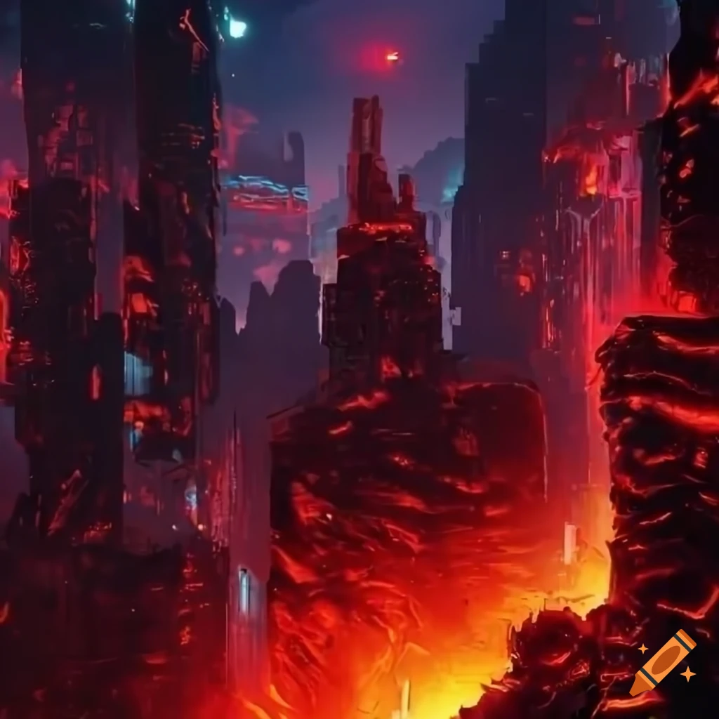 cyberpunk city with dark red lava flowing through the streets