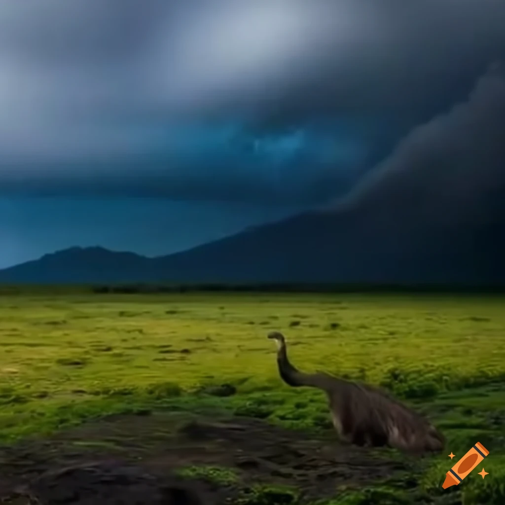 image of an emu climbing a volcano in a tropical setting