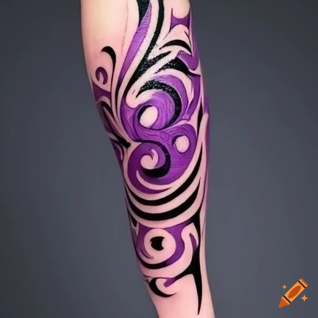 Intricate Black And Purple Tribal Arm Tattoo