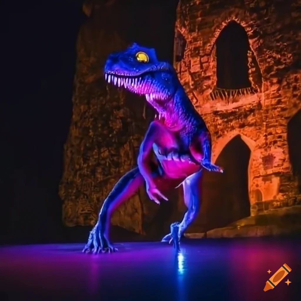 breakdancing t-rex with disco lights in a castle