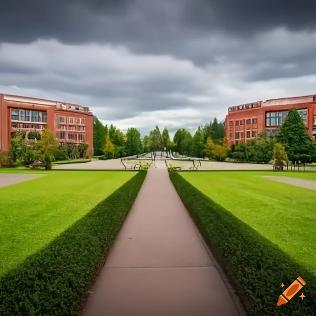 campus building with pathway and garden