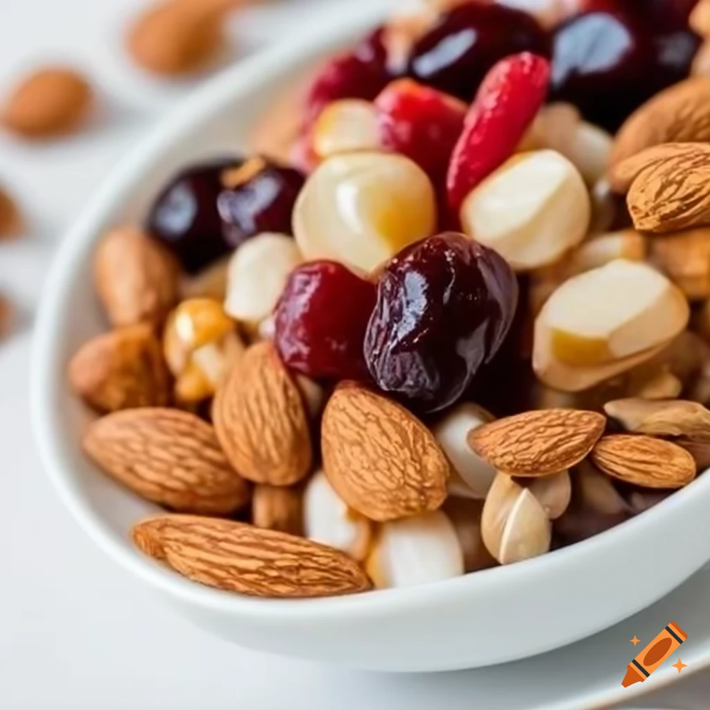 Bowl of fruit and nut mix with macadamia nuts and dried cherries on Craiyon