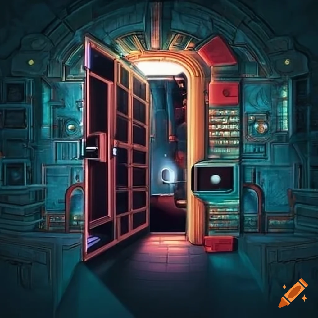 Cyberpunkstyle open door to a world of wonders on Craiyon