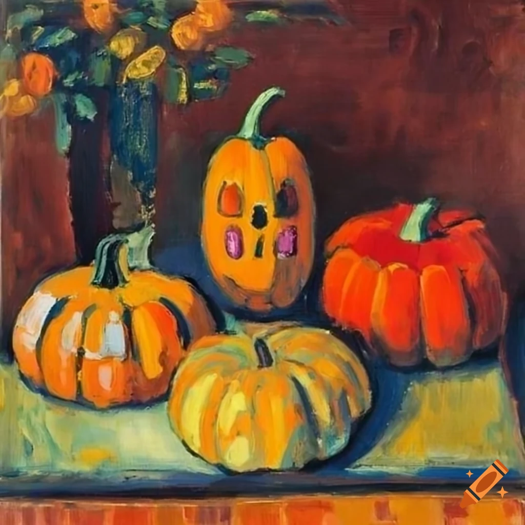 colorful still life artwork of pumpkins