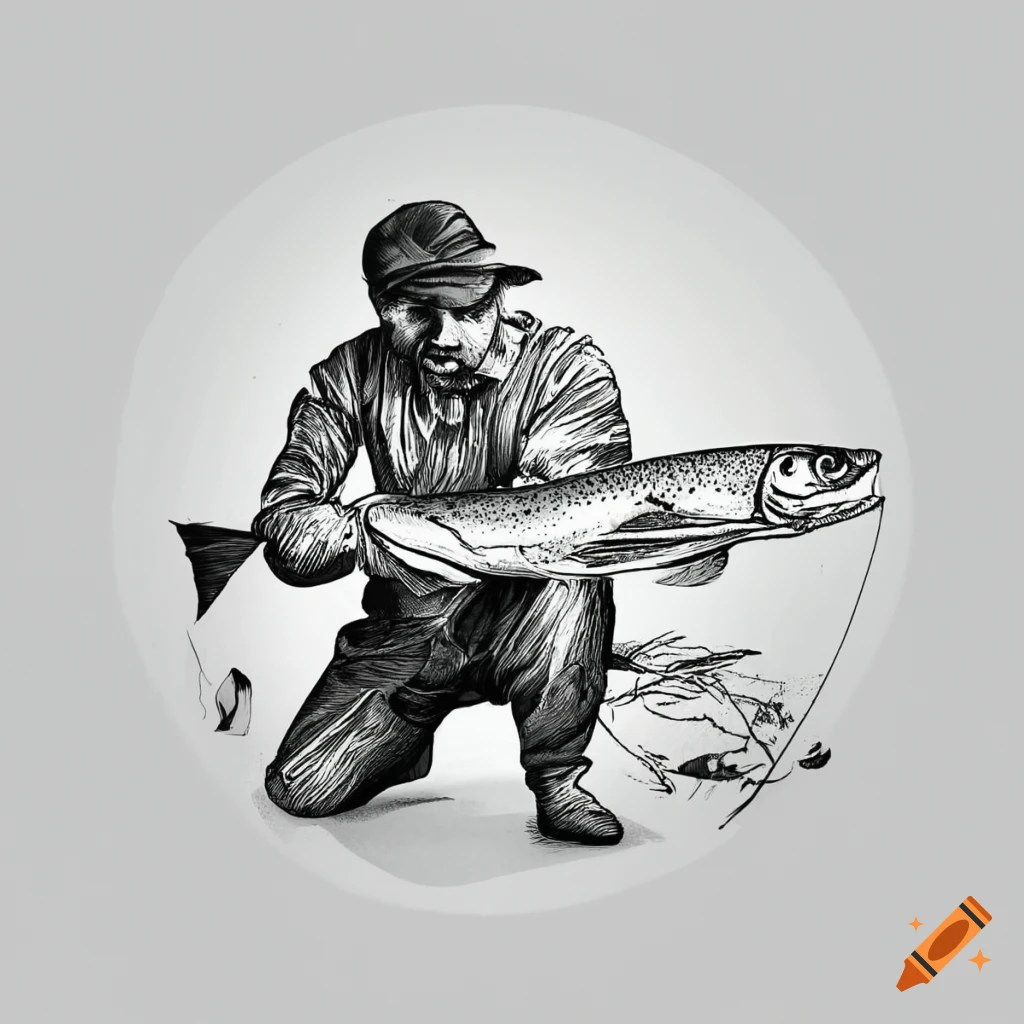 Logo-style illustration of a man fishing for trout on Craiyon