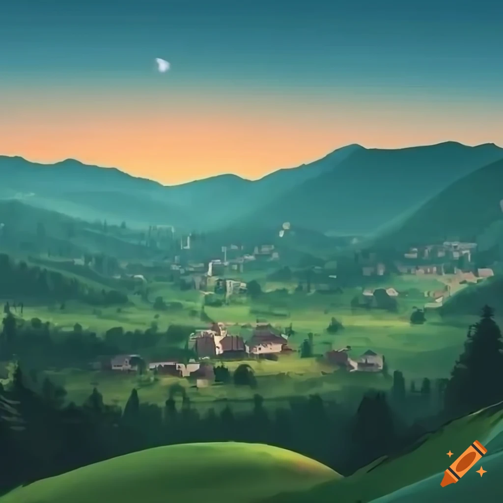 Scenic view of a town surrounded by rolling hills on Craiyon