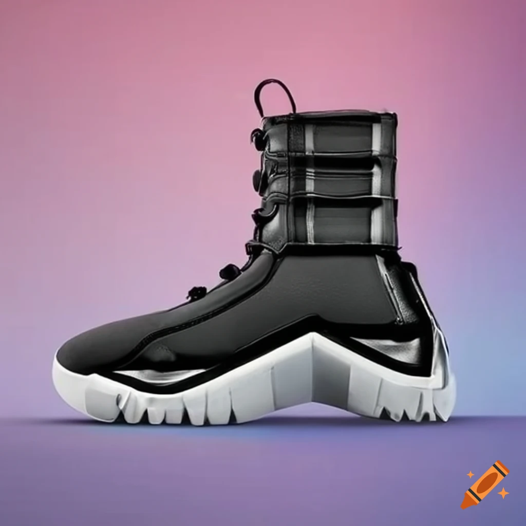 Front and side view of futuristic custom boot sneakers