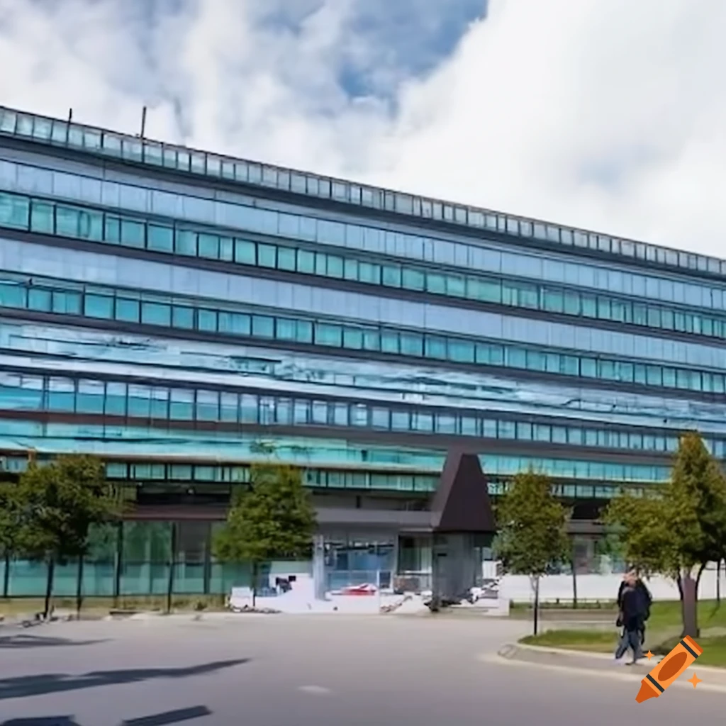 Modern medical clinic with glass facade and landscaping on Craiyon