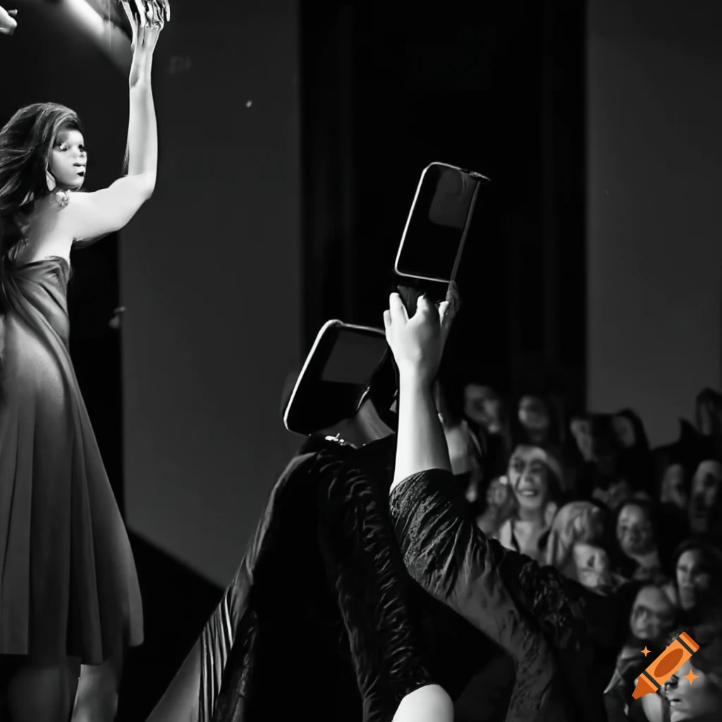 black and white fashion runway with floating phones