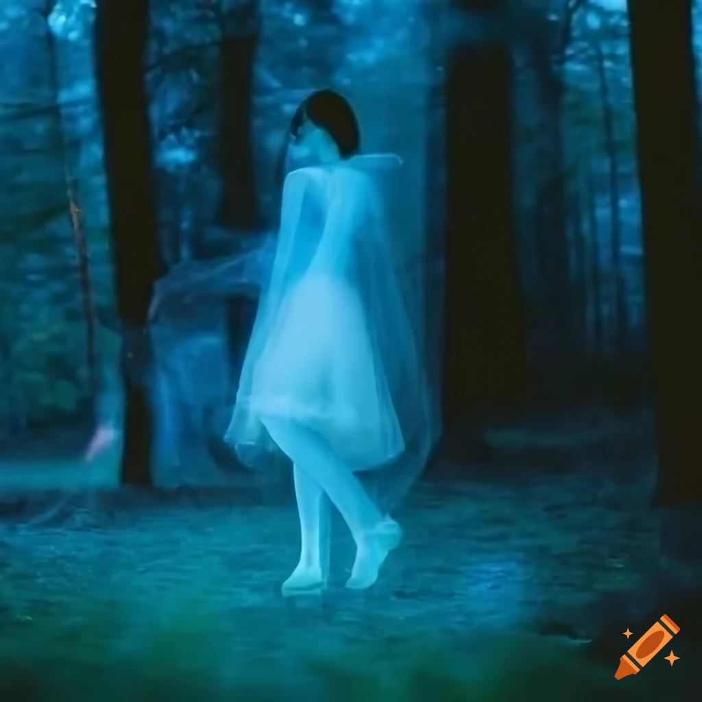 Girl covered in white body paint in a dark forest on Craiyon