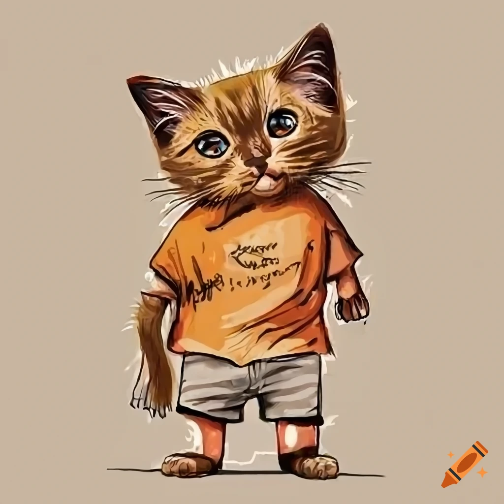 crayon drawing of a ragdoll kitten in dystopian outfit