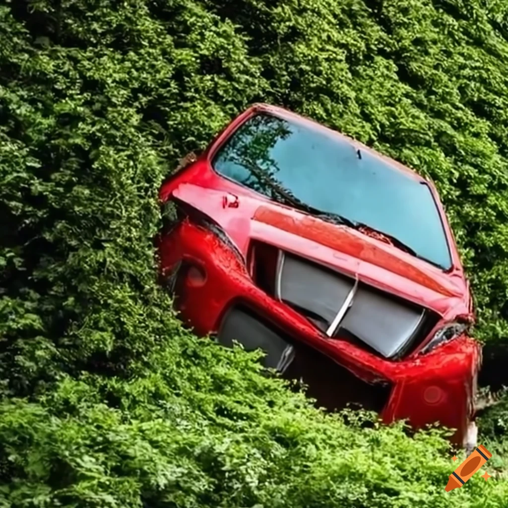 Red car crashed through a hedge fence