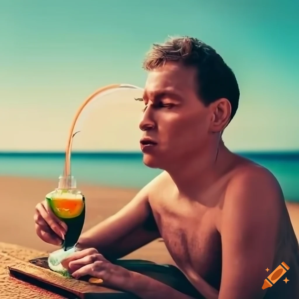 man enjoying music and drink on the beach