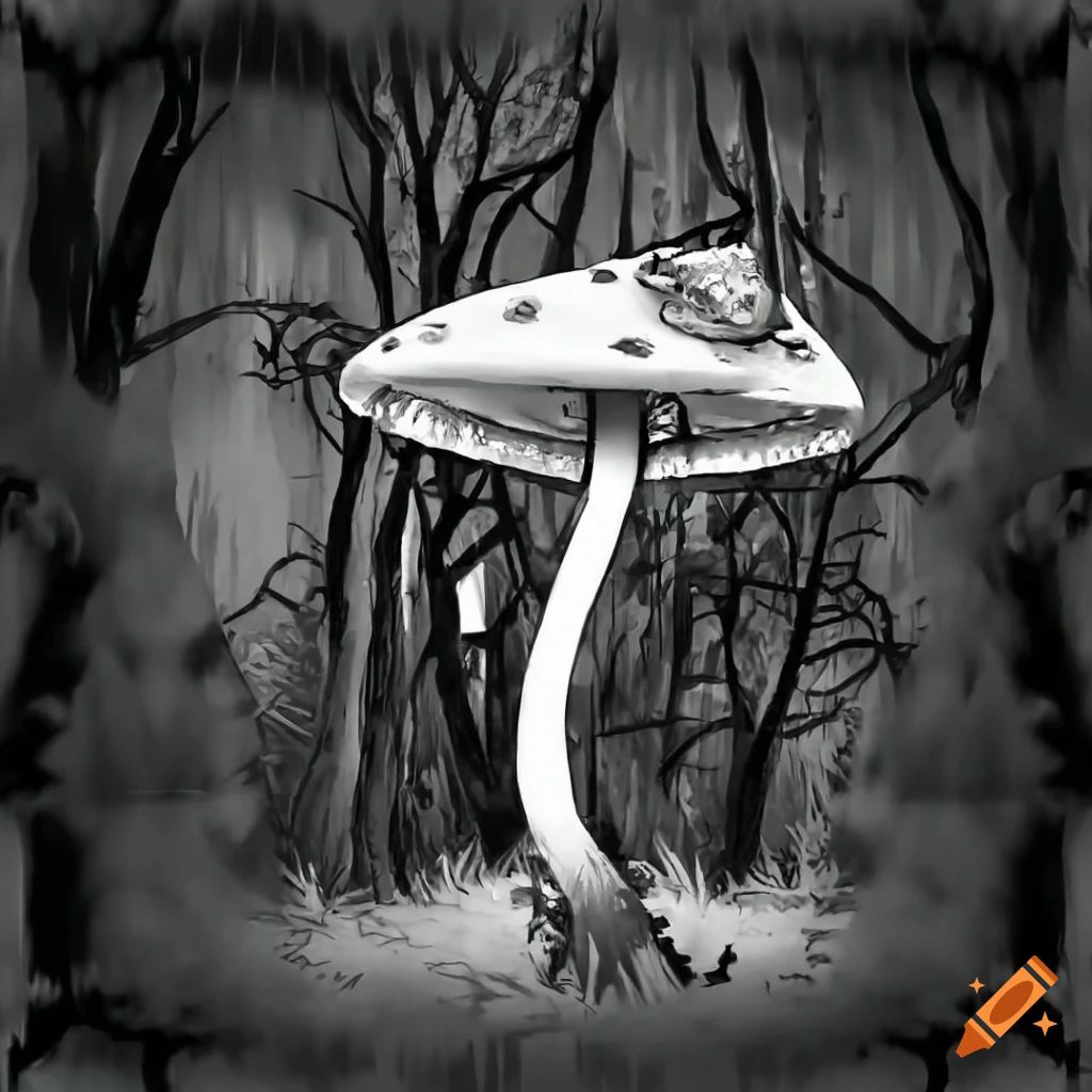 black and white photo of a lone mushroom in a tree