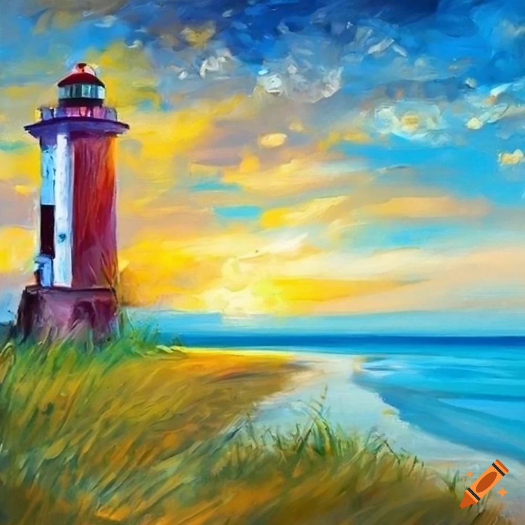 Impressionist painting of lighthouse, house, and beach on a sunny day ...