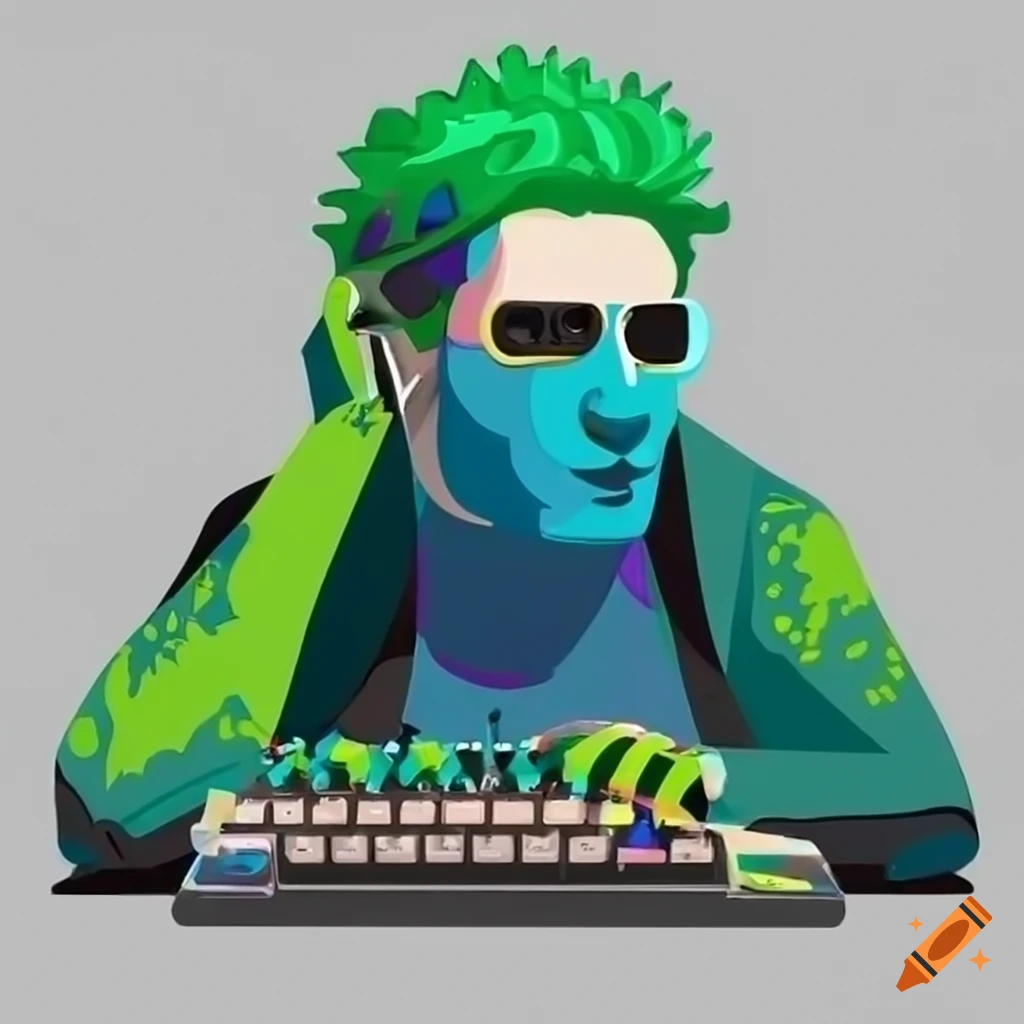 man with green hair typing on a colorful keyboard