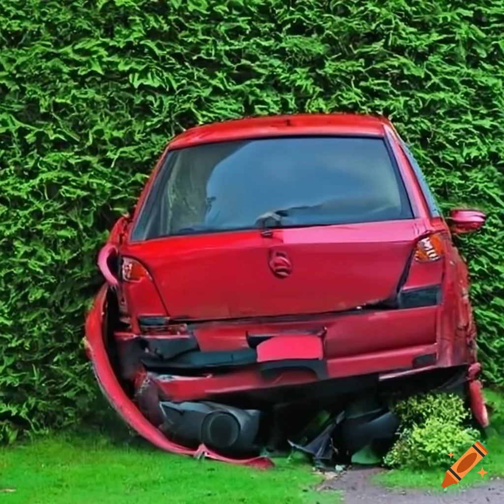rear red car crashed into a hedge fence