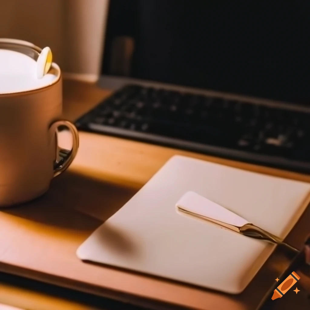 cozy desk setup with a notebook, coffee, flowers and a letter