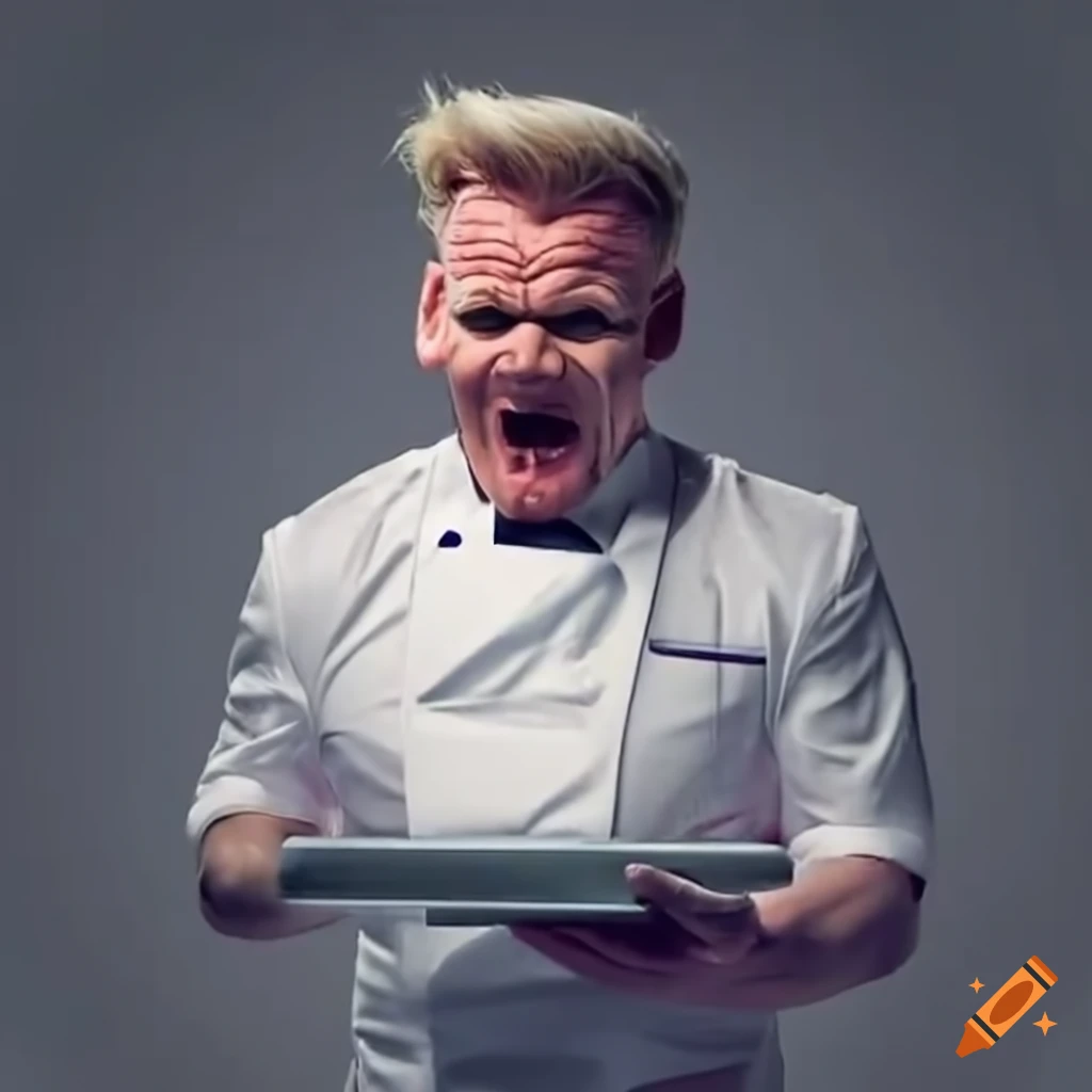 Gordon ramsay as a gnome wearing a large chef hat and using a frying pan as  a sword on Craiyon