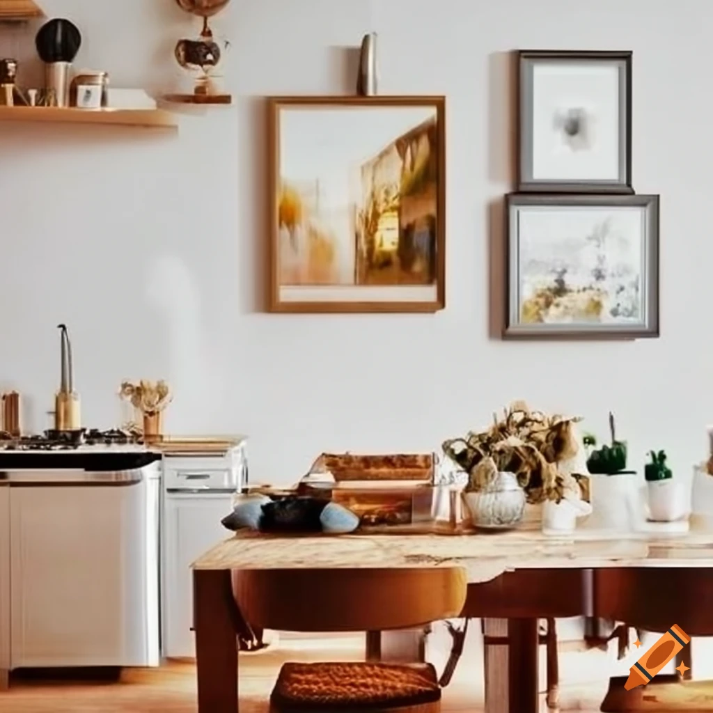cozy Scandinavian-style kitchen with framed oil paintings