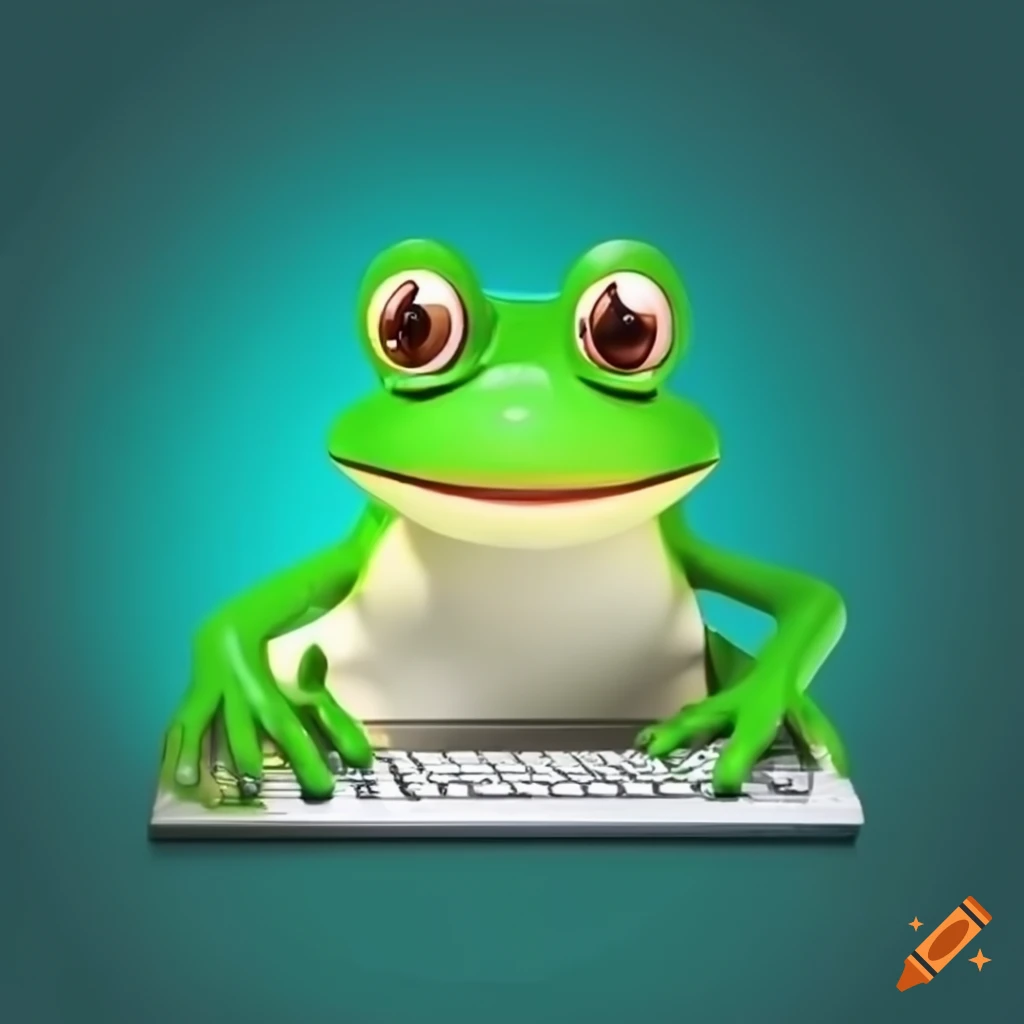cute frog character using a computer